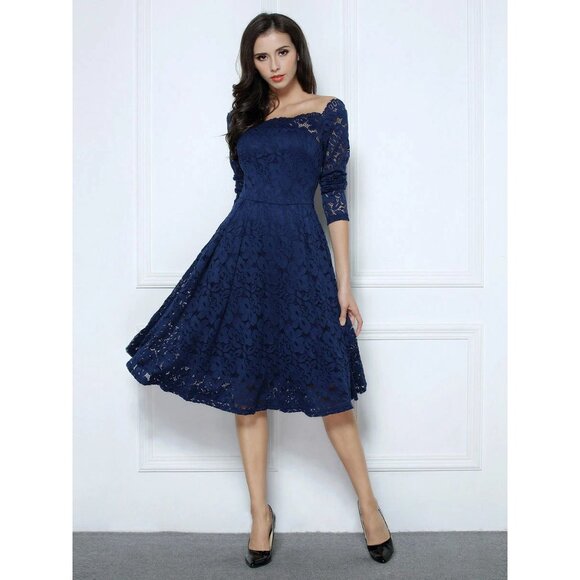 Missmay Navy Blue Lace Long Sleeve Cocktail Dress L Women Elegant Fit Homecoming - Picture 2 of 16